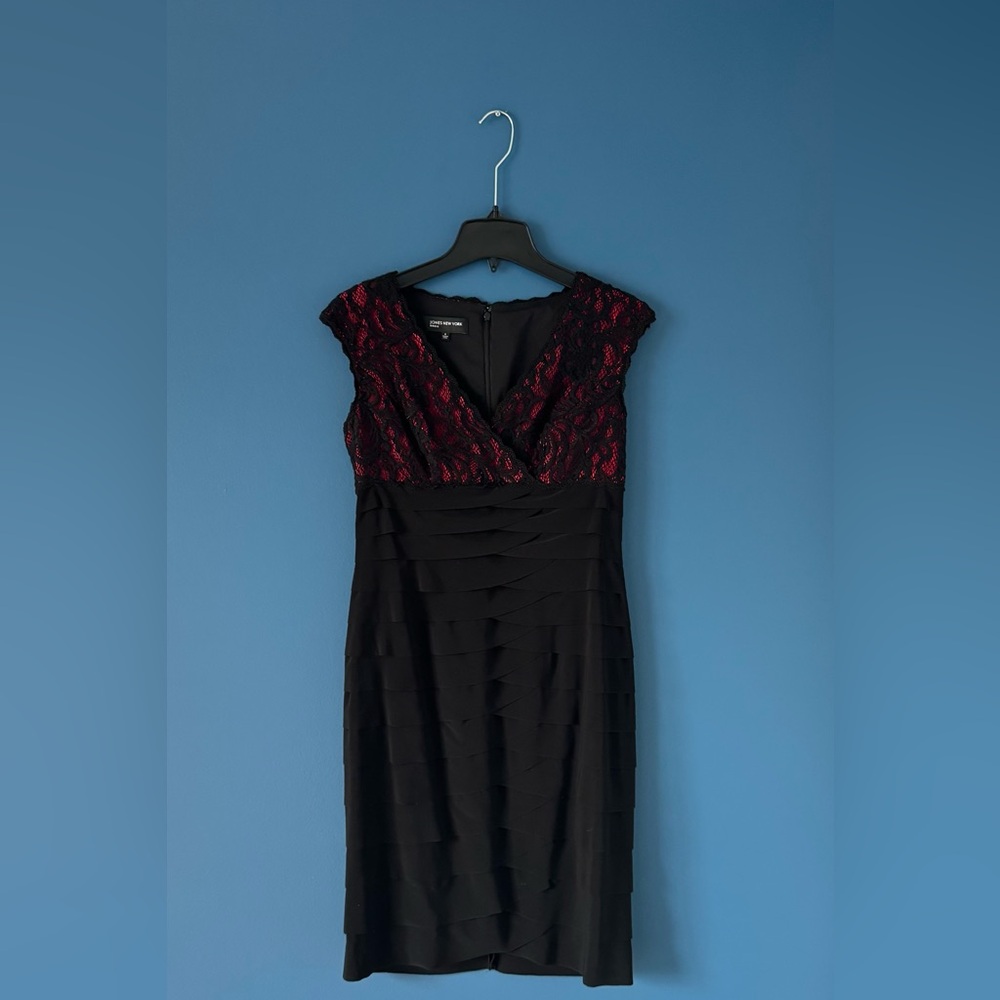 Jones New York Black Lace Dress with Red Accents